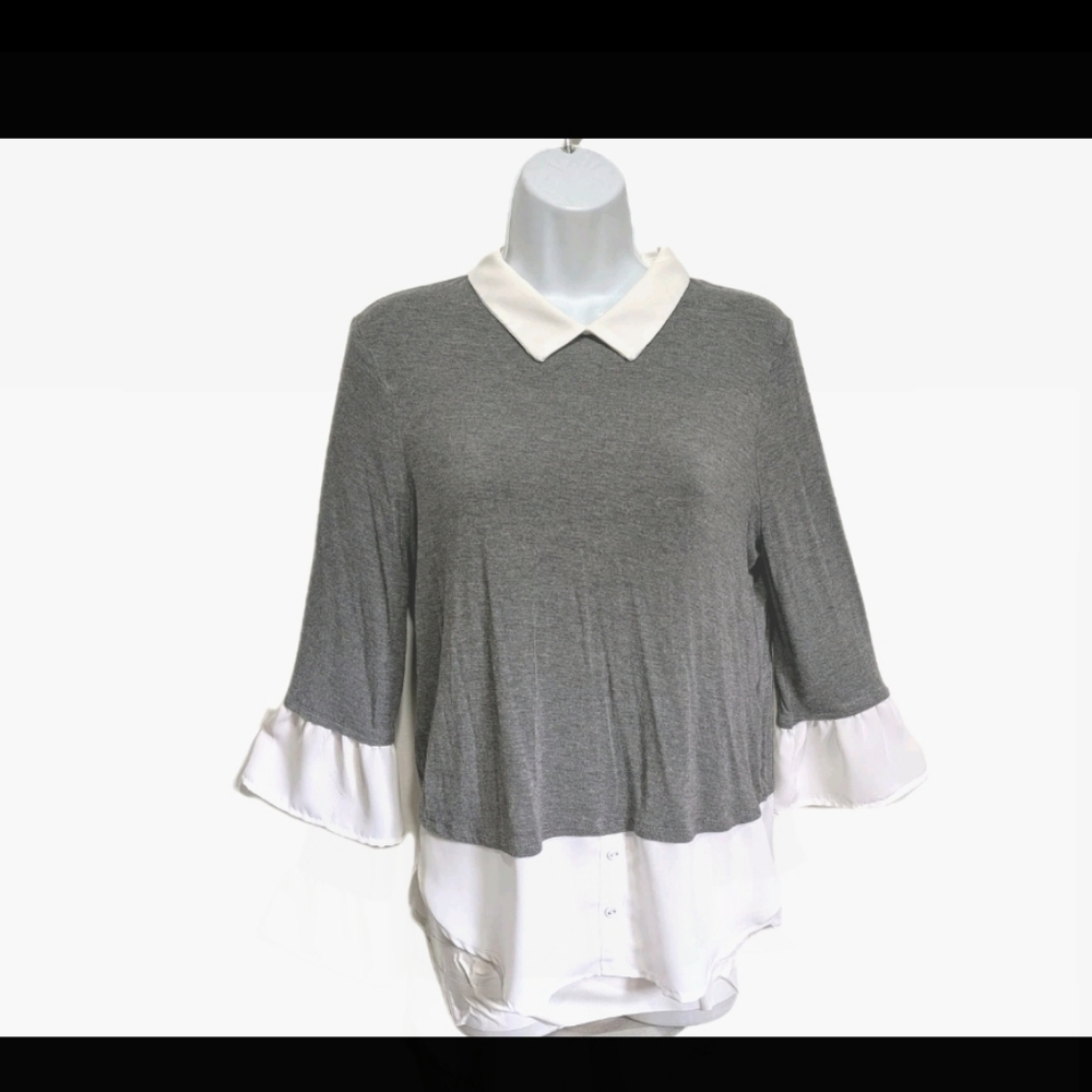Elle Peter Pan Collar Top Shirttail Tunic Top Blouse S Preppy #8